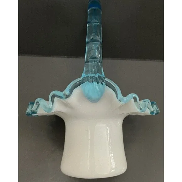Fenton Basket Aqua Blue Crest Milk Glass‎ Ruffle Edge Bamboo Handle Top Hat VTG - Picture 8 of 13